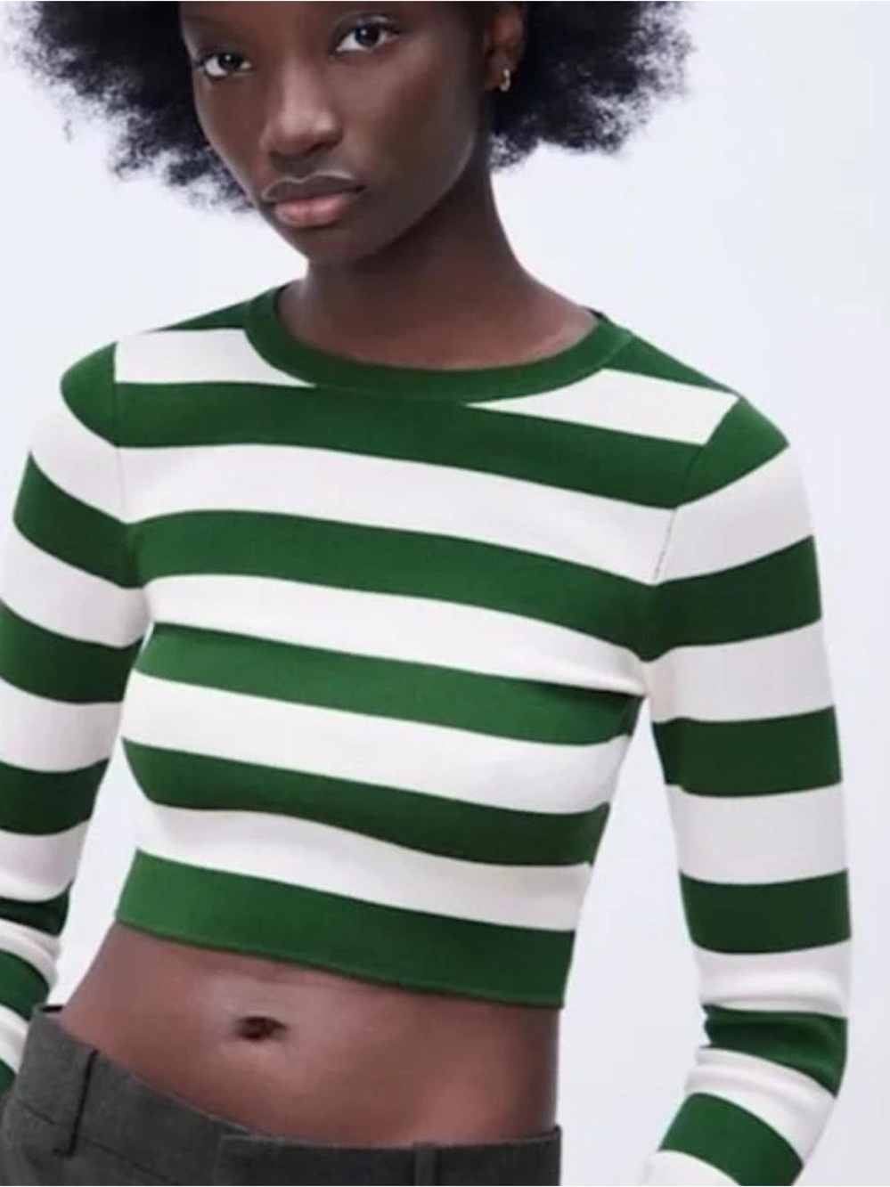 Zara Green and White Striped Cropped Long-Sleeve Top